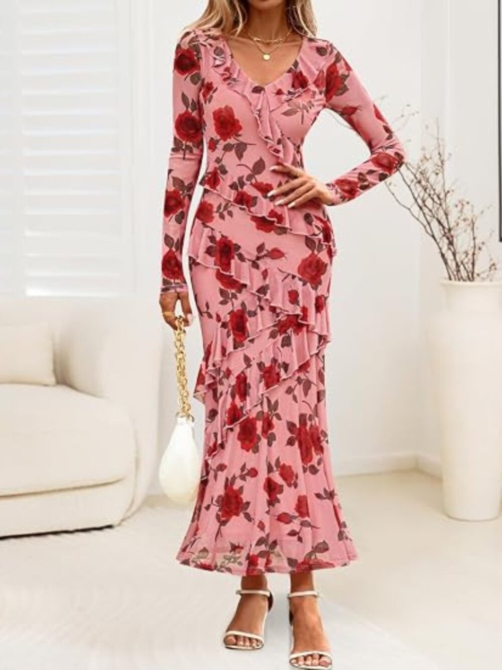 Wedding Guest Dresses for Women Fall Long Sleeve Floral Maxi Dress